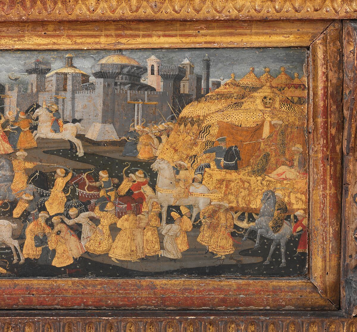 Cassone with painted front panel depicting the Conquest of Trebizond, Attributed to workshop of Apollonio di Giovanni di Tomaso (Italian, Florence ca. 1416–1465 Florence), Poplar wood, linen, polychromed and gilded gesso with panel painted in tempera and gold, Italian, Florence