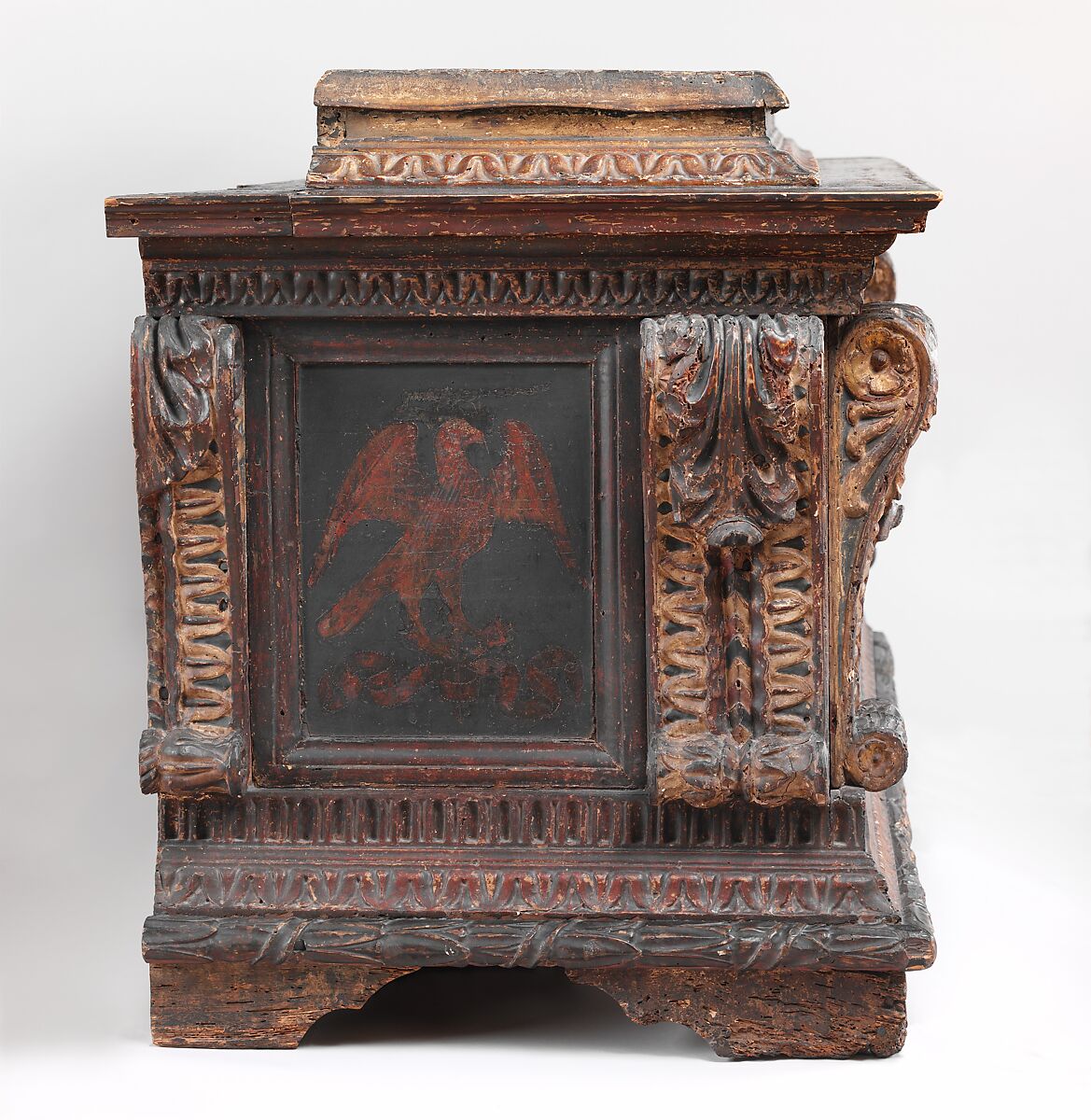 Cassone with painted front panel depicting the Conquest of Trebizond, Attributed to workshop of Apollonio di Giovanni di Tomaso (Italian, Florence ca. 1416–1465 Florence), Poplar wood, linen, polychromed and gilded gesso with panel painted in tempera and gold, Italian, Florence