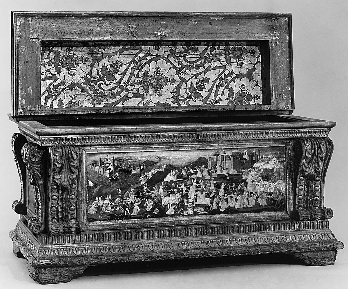 Cassone with painted front panel depicting the Conquest of Trebizond, Attributed to workshop of Apollonio di Giovanni di Tomaso (Italian, Florence ca. 1416–1465 Florence), Poplar wood, linen, polychromed and gilded gesso with panel painted in tempera and gold, Italian, Florence