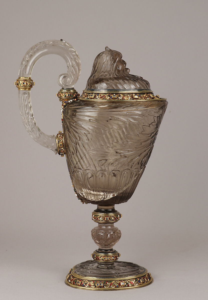 Ewer with cover, After a design by Reinhold Vasters (German, Erkelenz 1827–1909 Aachen), Rock crystal, silver gilt, enamel, diamonds, probably French