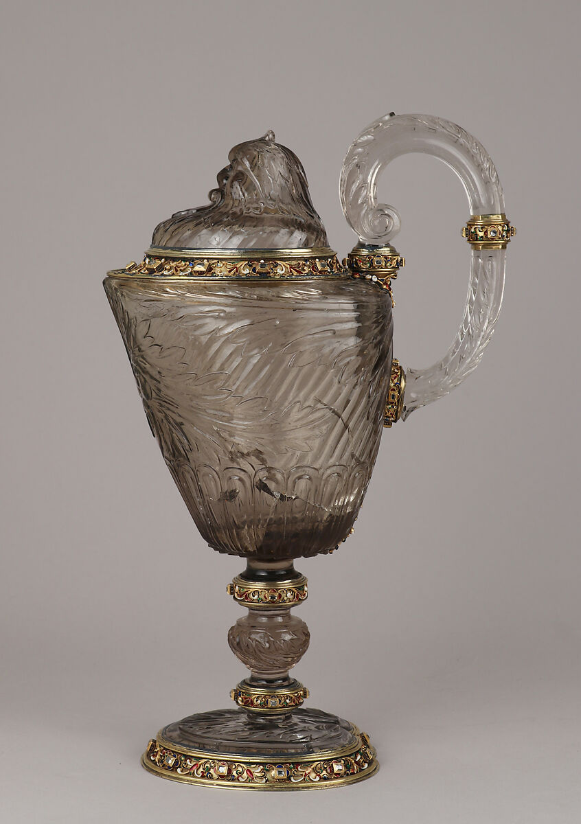 Ewer with cover, After a design by Reinhold Vasters (German, Erkelenz 1827–1909 Aachen), Rock crystal, silver gilt, enamel, diamonds, probably French