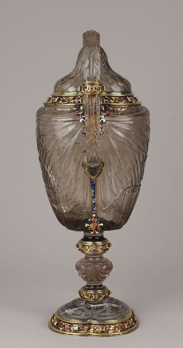 Ewer with cover, After a design by Reinhold Vasters (German, Erkelenz 1827–1909 Aachen), Rock crystal, silver gilt, enamel, diamonds, probably French