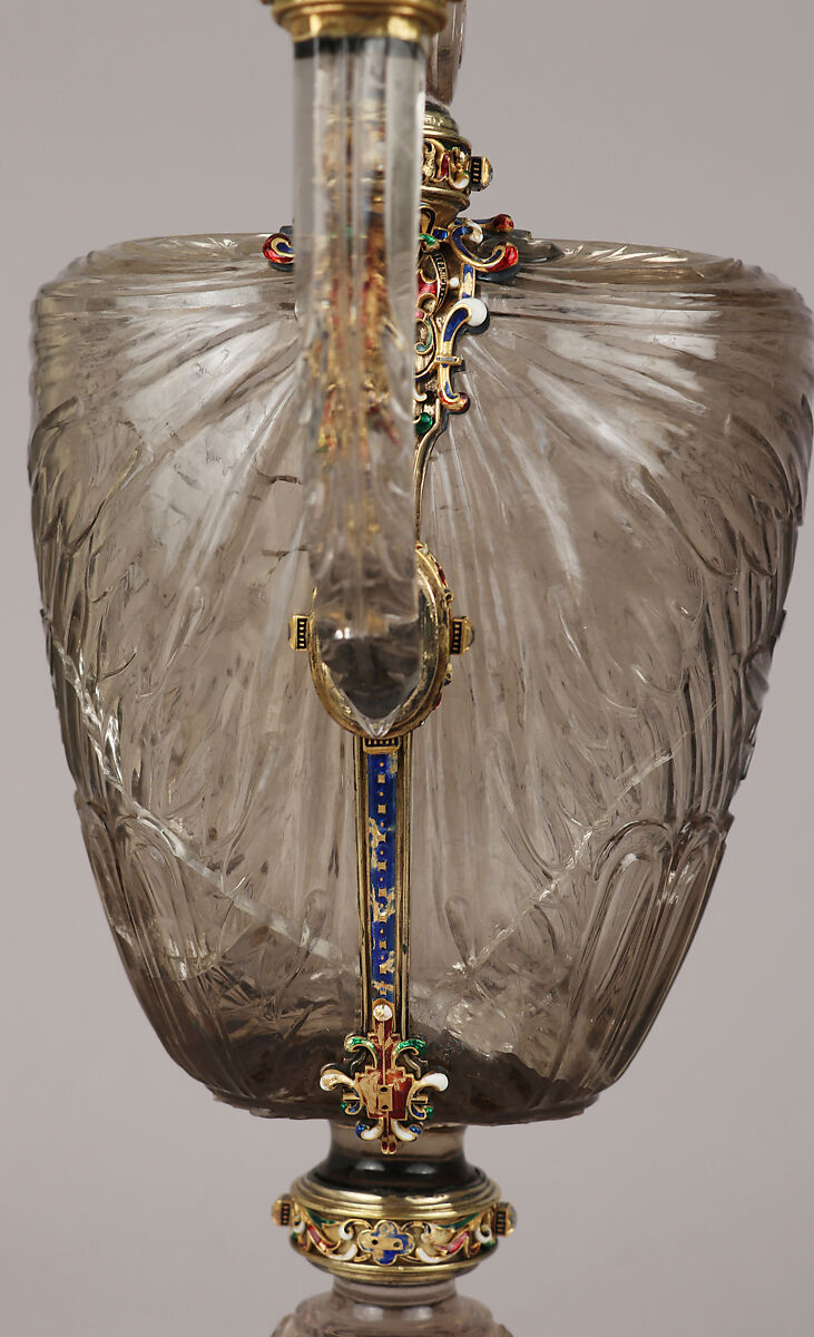Ewer with cover, After a design by Reinhold Vasters (German, Erkelenz 1827–1909 Aachen), Rock crystal, silver gilt, enamel, diamonds, probably French