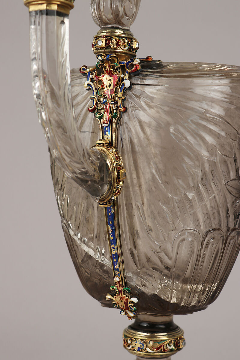 Ewer with cover, After a design by Reinhold Vasters (German, Erkelenz 1827–1909 Aachen), Rock crystal, silver gilt, enamel, diamonds, probably French