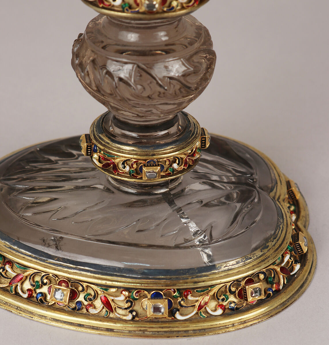 Ewer with cover, After a design by Reinhold Vasters (German, Erkelenz 1827–1909 Aachen), Rock crystal, silver gilt, enamel, diamonds, probably French