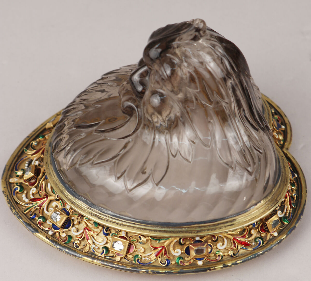 Ewer with cover, After a design by Reinhold Vasters (German, Erkelenz 1827–1909 Aachen), Rock crystal, silver gilt, enamel, diamonds, probably French