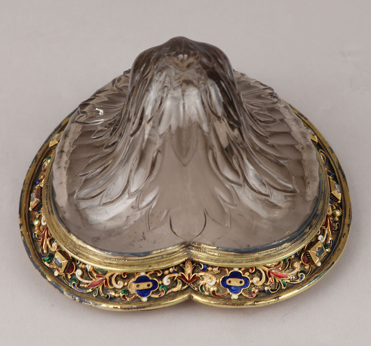 Ewer with cover, After a design by Reinhold Vasters (German, Erkelenz 1827–1909 Aachen), Rock crystal, silver gilt, enamel, diamonds, probably French