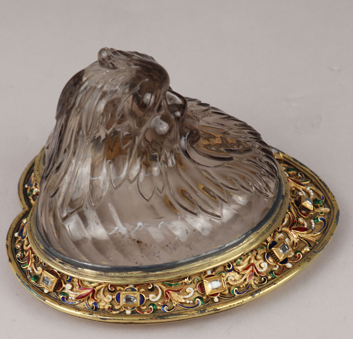 Ewer with cover, After a design by Reinhold Vasters (German, Erkelenz 1827–1909 Aachen), Rock crystal, silver gilt, enamel, diamonds, probably French