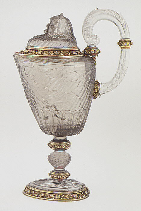 Ewer with cover, After a design by Reinhold Vasters (German, Erkelenz 1827–1909 Aachen), Rock crystal, silver gilt, enamel, diamonds, probably French 