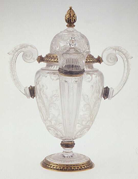 Double-spouted vase with cover, Reinhold Vasters  German, Rock crystal, with partly enameled gold mounts, French