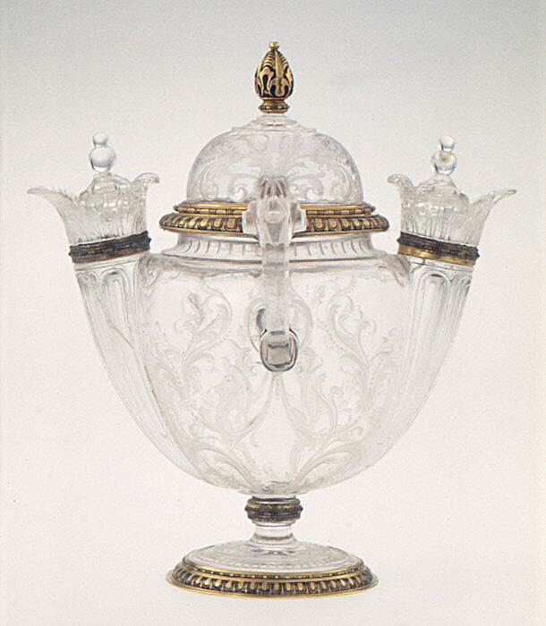 Double-spouted vase with cover, After a design by Reinhold Vasters (German, Erkelenz 1827–1909 Aachen), Rock crystal, with partly enameled gold mounts, French