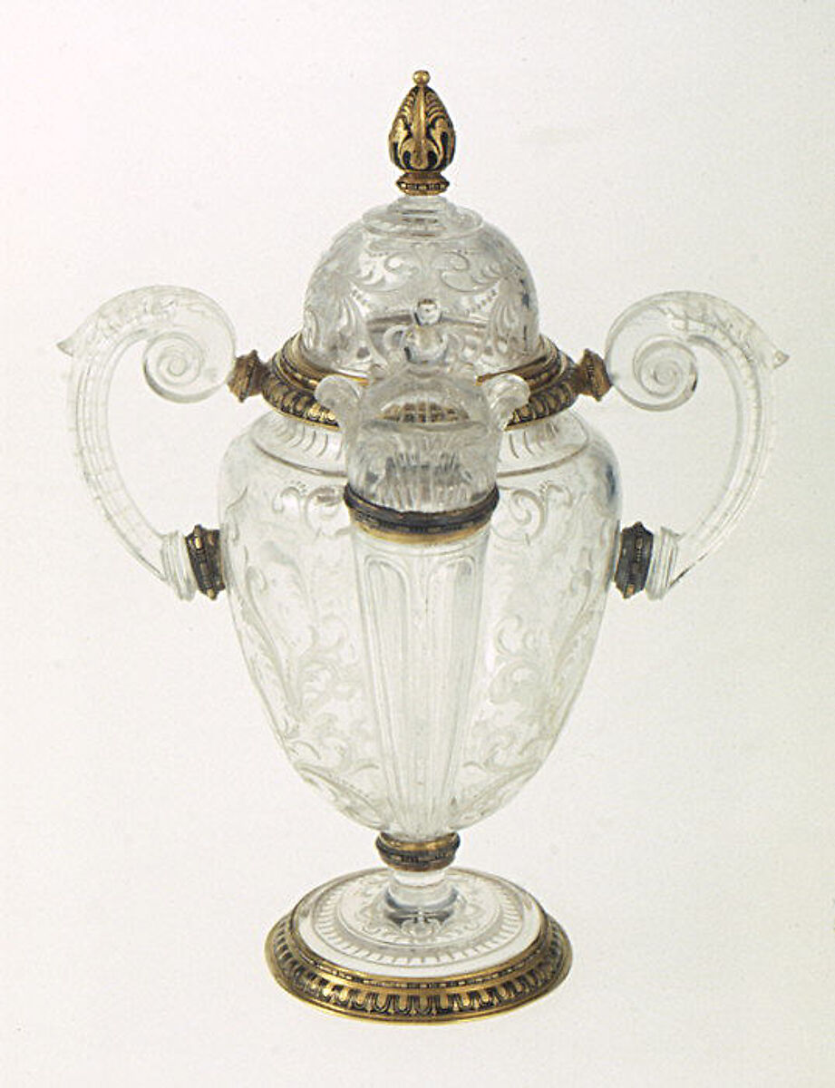 Double-spouted vase with cover, After a design by Reinhold Vasters (German, Erkelenz 1827–1909 Aachen), Rock crystal, with partly enameled gold mounts, French