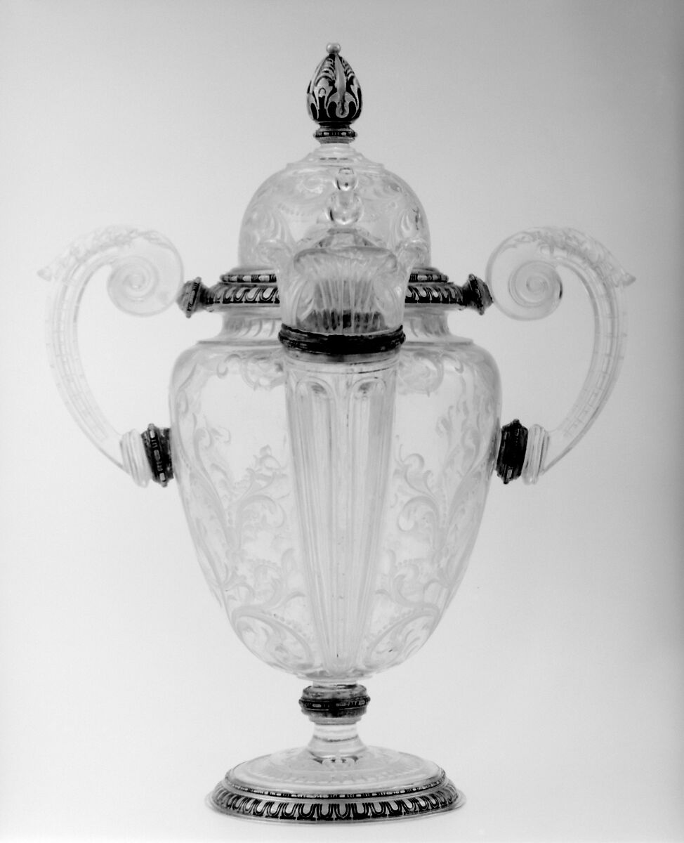 Double-spouted vase with cover, After a design by Reinhold Vasters (German, Erkelenz 1827–1909 Aachen), Rock crystal, with partly enameled gold mounts, French