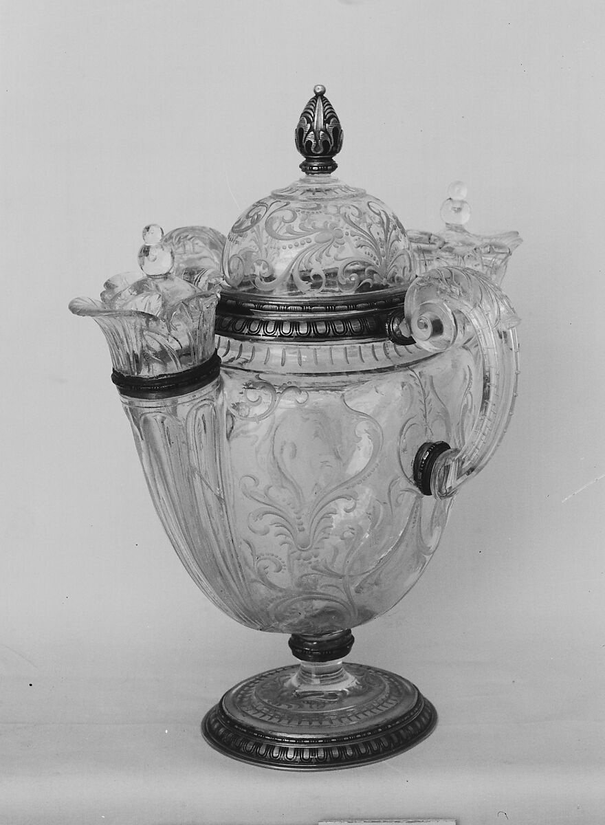 Double-spouted vase with cover, After a design by Reinhold Vasters (German, Erkelenz 1827–1909 Aachen), Rock crystal, with partly enameled gold mounts, French