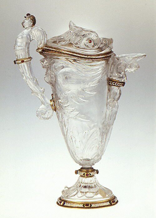 Ewer, Cover, foot and mounts by Alfred André (French, 1839–1919), Rock crystal, gold, enamel, rubies, Italian 