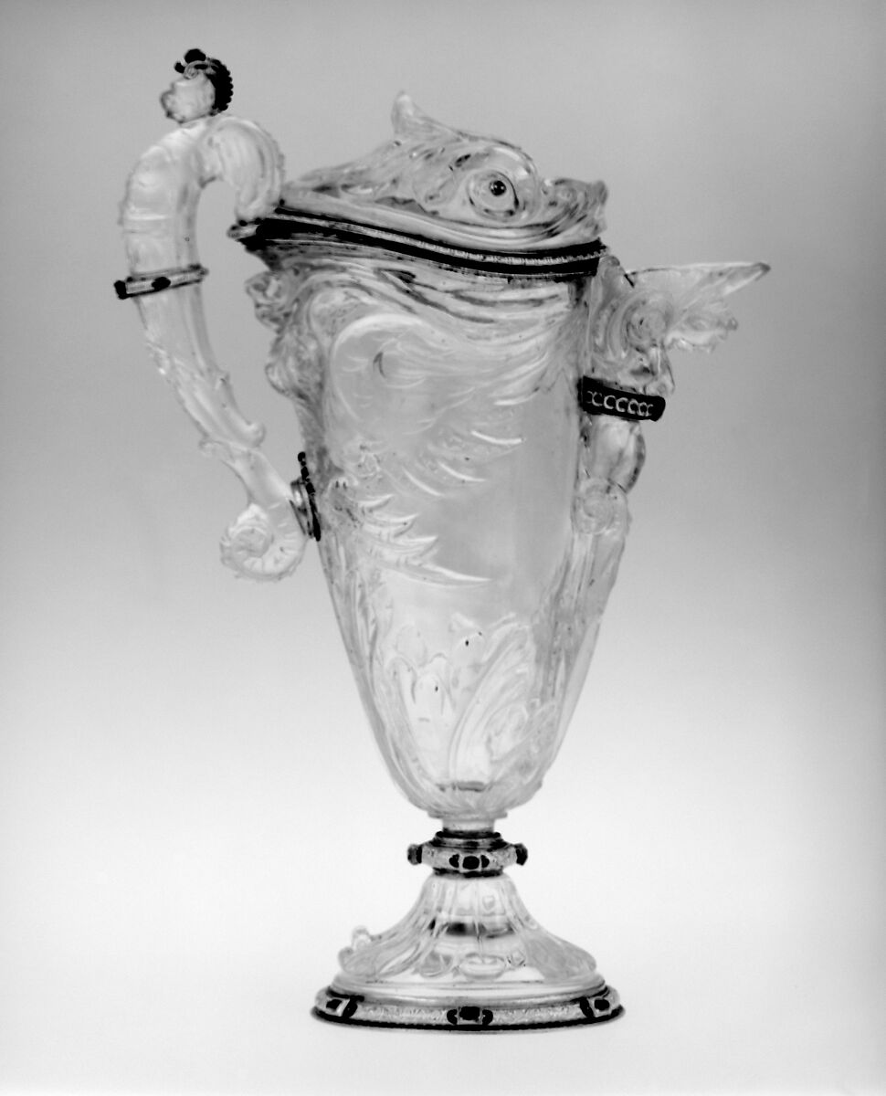 Ewer, Cover, foot and mounts by Alfred André (French, 1839–1919), Rock crystal, gold, enamel, rubies, Italian