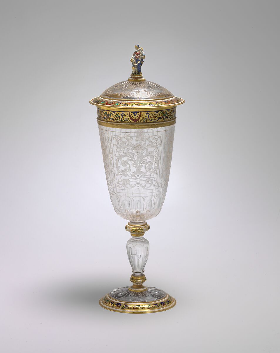 Cup with cover, Reinhold Vasters (German, Erkelenz 1827–1909 Aachen), Rock crystal, enameled gold, German 