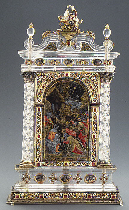 Adoration of the Magi, St. George and the dragon group based on a design by Reinhold Vasters (German, Erkelenz 1827–1909 Aachen), Rock crystal, silver gilt, verre eglomisé, enamel, rubies, Italian, Milan 