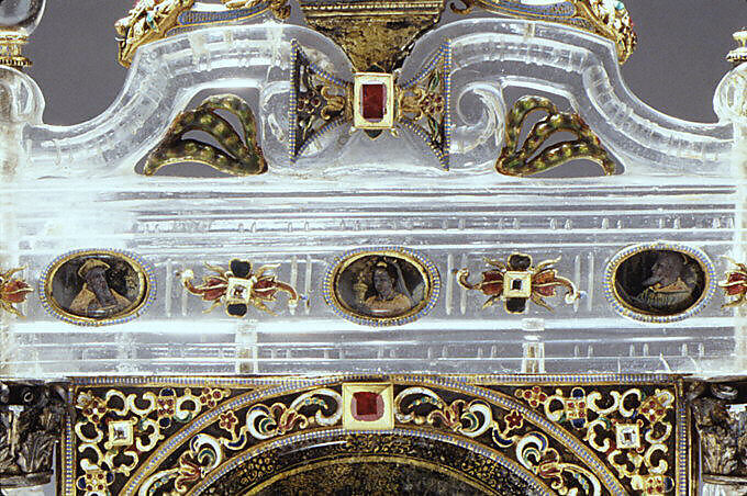 Adoration of the Magi, St. George and the dragon group based on a design by Reinhold Vasters (German, Erkelenz 1827–1909 Aachen), Rock crystal, silver gilt, verre eglomisé, enamel, rubies, Italian, Milan