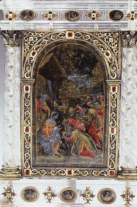 Adoration of the Magi, St. George and the dragon group based on a design by Reinhold Vasters (German, Erkelenz 1827–1909 Aachen), Rock crystal, silver gilt, verre eglomisé, enamel, rubies, Italian, Milan