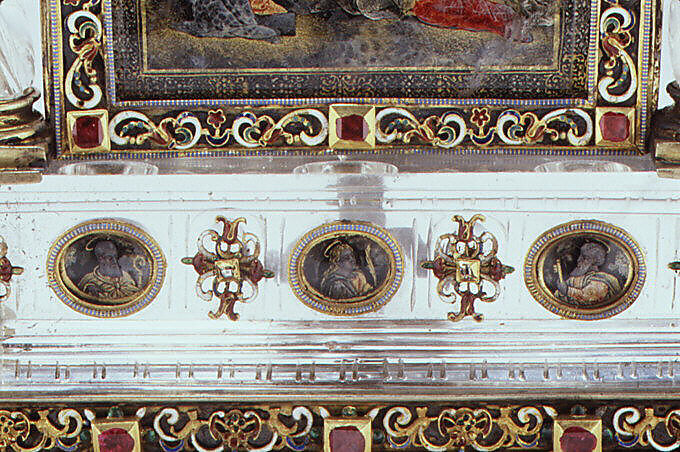 Adoration of the Magi, St. George and the dragon group based on a design by Reinhold Vasters (German, Erkelenz 1827–1909 Aachen), Rock crystal, silver gilt, verre eglomisé, enamel, rubies, Italian, Milan