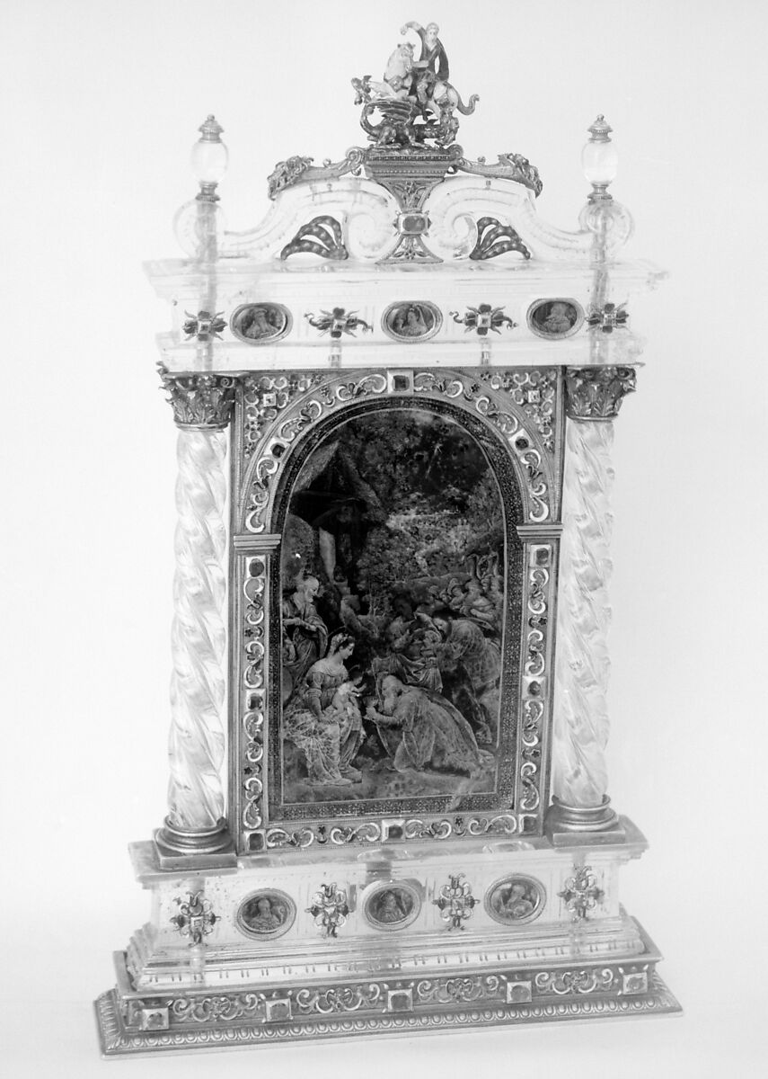 Adoration of the Magi, St. George and the dragon group based on a design by Reinhold Vasters (German, Erkelenz 1827–1909 Aachen), Rock crystal, silver gilt, verre eglomisé, enamel, rubies, Italian, Milan