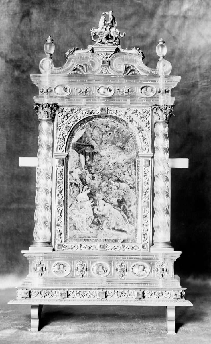 Adoration of the Magi, St. George and the dragon group based on a design by Reinhold Vasters (German, Erkelenz 1827–1909 Aachen), Rock crystal, silver gilt, verre eglomisé, enamel, rubies, Italian, Milan