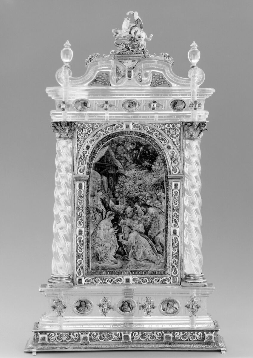 Adoration of the Magi, St. George and the dragon group based on a design by Reinhold Vasters (German, Erkelenz 1827–1909 Aachen), Rock crystal, silver gilt, verre eglomisé, enamel, rubies, Italian, Milan