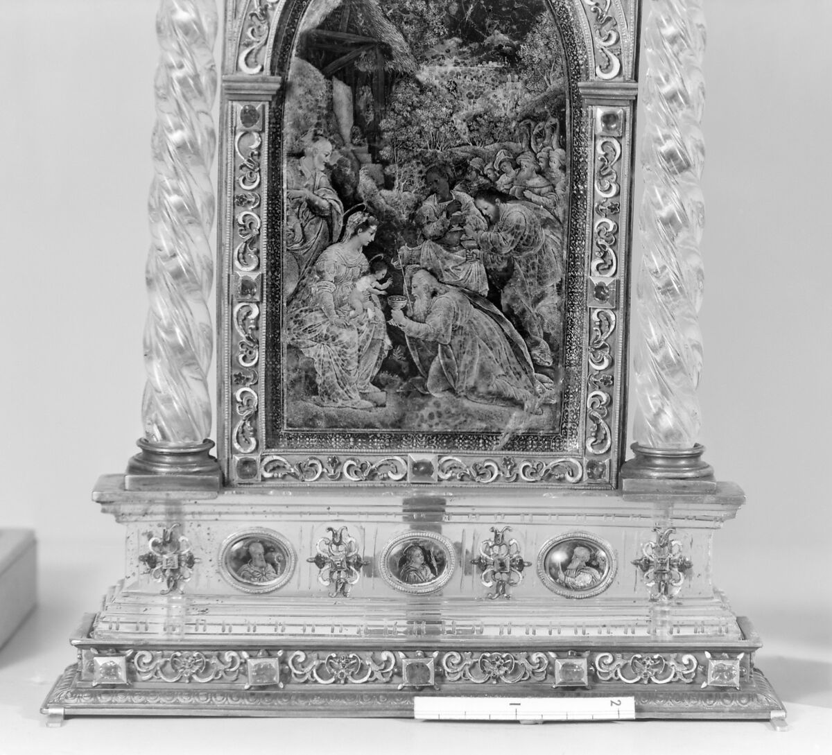 Adoration of the Magi, St. George and the dragon group based on a design by Reinhold Vasters (German, Erkelenz 1827–1909 Aachen), Rock crystal, silver gilt, verre eglomisé, enamel, rubies, Italian, Milan