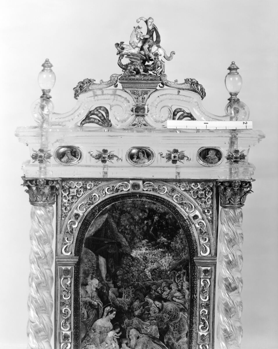 Adoration of the Magi, St. George and the dragon group based on a design by Reinhold Vasters (German, Erkelenz 1827–1909 Aachen), Rock crystal, silver gilt, verre eglomisé, enamel, rubies, Italian, Milan