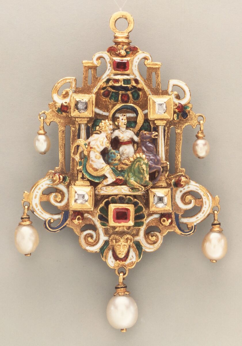 Sixteenth-century-style pendant, Possibly after a design by Reinhold Vasters (German, Erkelenz 1827–1909 Aachen), Gold, enamel, diamonds, rubies, pearls, Italian 