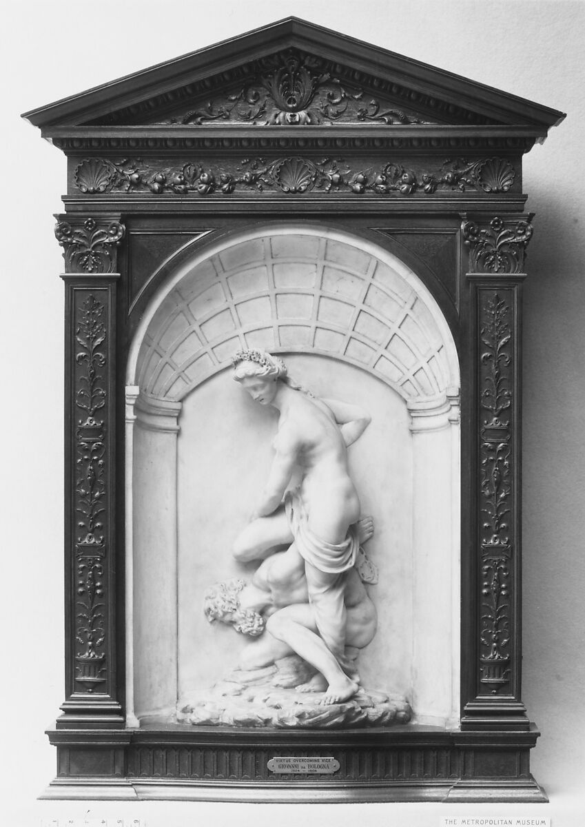 Virtue Overcoming Vice, Imitator of Giambologna (Netherlandish, Douai 1529–1608 Florence), Marble; wood frame, Italian or Dutch 