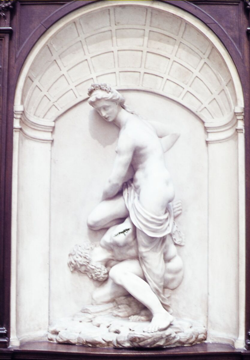 Virtue Overcoming Vice, Imitator of Giambologna (Netherlandish, Douai 1529–1608 Florence), Marble; wood frame, Italian or Dutch