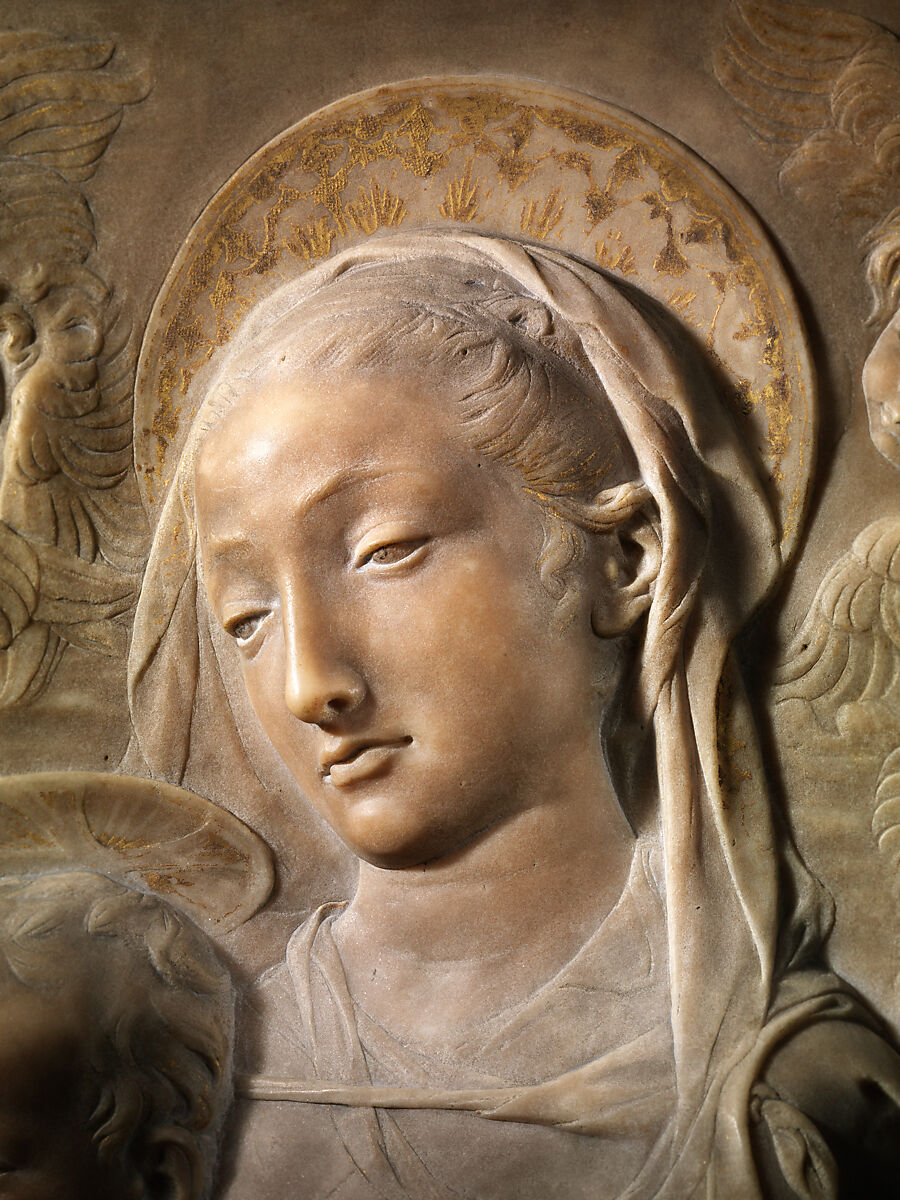 Madonna and Child with Angels, Antonio Rossellino (Italian, Settignano 1427–ca. 1479 Florence), Marble with gilt details on halo and dress, Italian, Florence