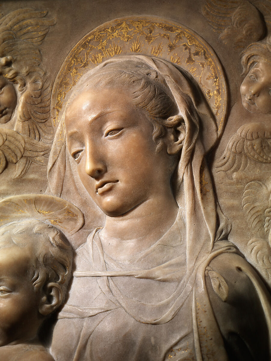 Madonna and Child with Angels, Antonio Rossellino (Italian, Settignano 1427–ca. 1479 Florence), Marble with gilt details on halo and dress, Italian, Florence