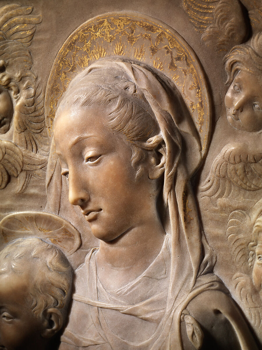 Madonna and Child with Angels, Antonio Rossellino (Italian, Settignano 1427–ca. 1479 Florence), Marble with gilt details on halo and dress, Italian, Florence