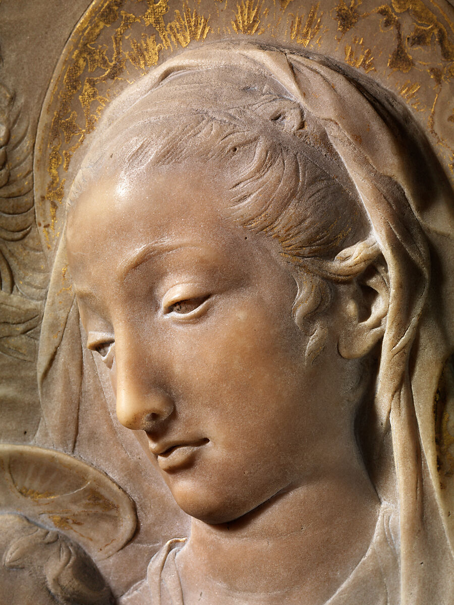 Madonna and Child with Angels, Antonio Rossellino (Italian, Settignano 1427–ca. 1479 Florence), Marble with gilt details on halo and dress, Italian, Florence