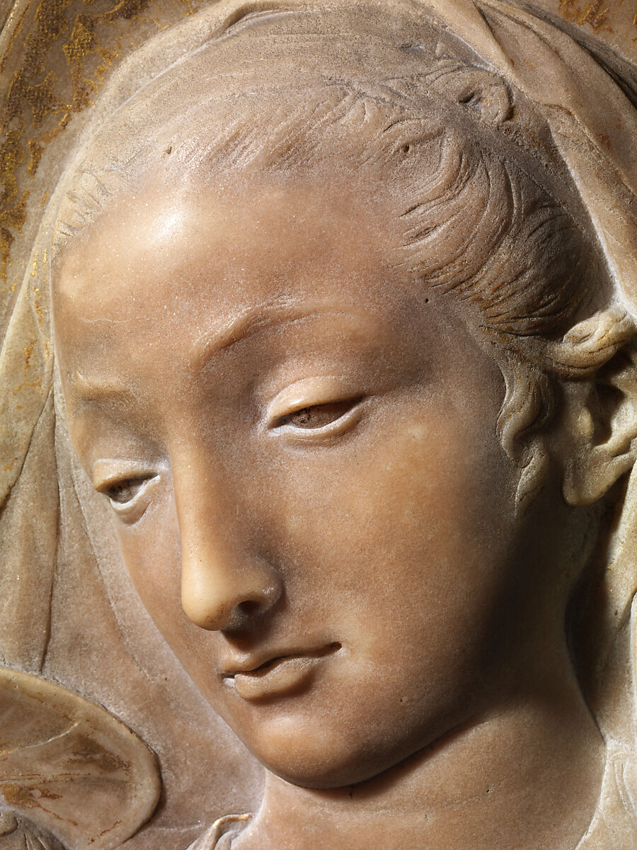 Madonna and Child with Angels, Antonio Rossellino (Italian, Settignano 1427–ca. 1479 Florence), Marble with gilt details on halo and dress, Italian, Florence