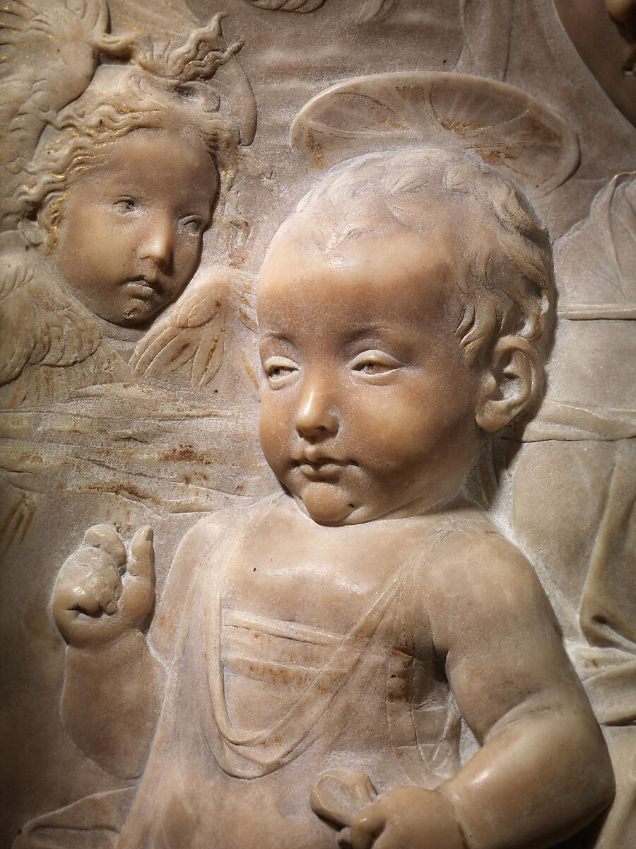 Madonna and Child with Angels, Antonio Rossellino (Italian, Settignano 1427–ca. 1479 Florence), Marble with gilt details on halo and dress, Italian, Florence