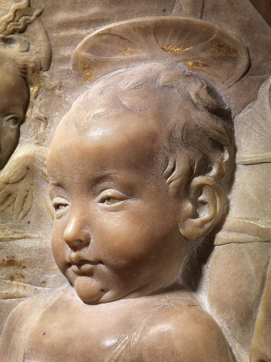 Madonna and Child with Angels, Antonio Rossellino (Italian, Settignano 1427–ca. 1479 Florence), Marble with gilt details on halo and dress, Italian, Florence