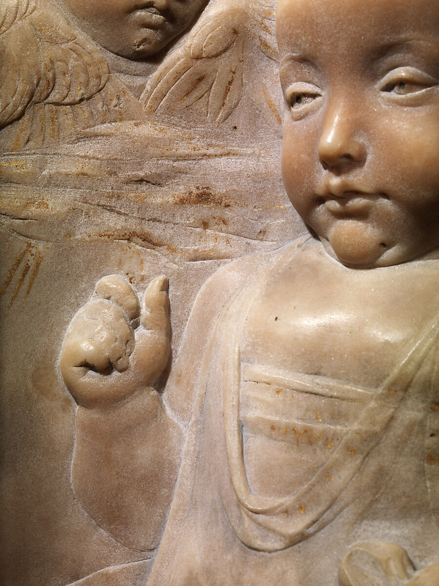 Madonna and Child with Angels, Antonio Rossellino (Italian, Settignano 1427–ca. 1479 Florence), Marble with gilt details on halo and dress, Italian, Florence