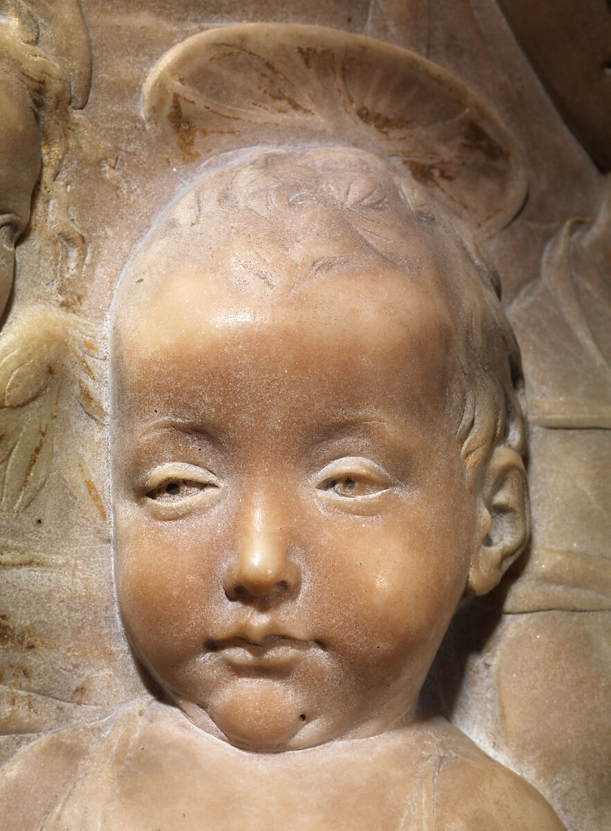 Madonna and Child with Angels, Antonio Rossellino (Italian, Settignano 1427–ca. 1479 Florence), Marble with gilt details on halo and dress, Italian, Florence