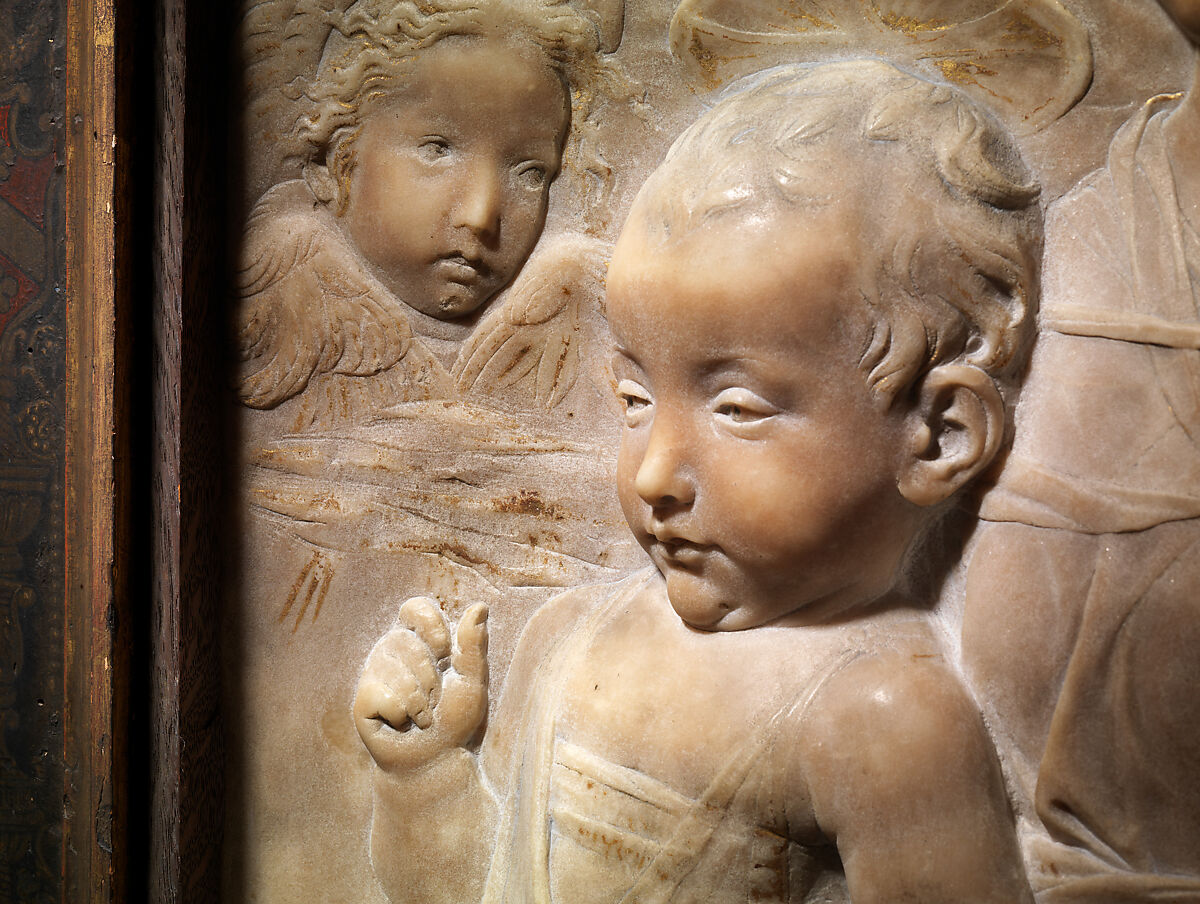 Madonna and Child with Angels, Antonio Rossellino (Italian, Settignano 1427–ca. 1479 Florence), Marble with gilt details on halo and dress, Italian, Florence