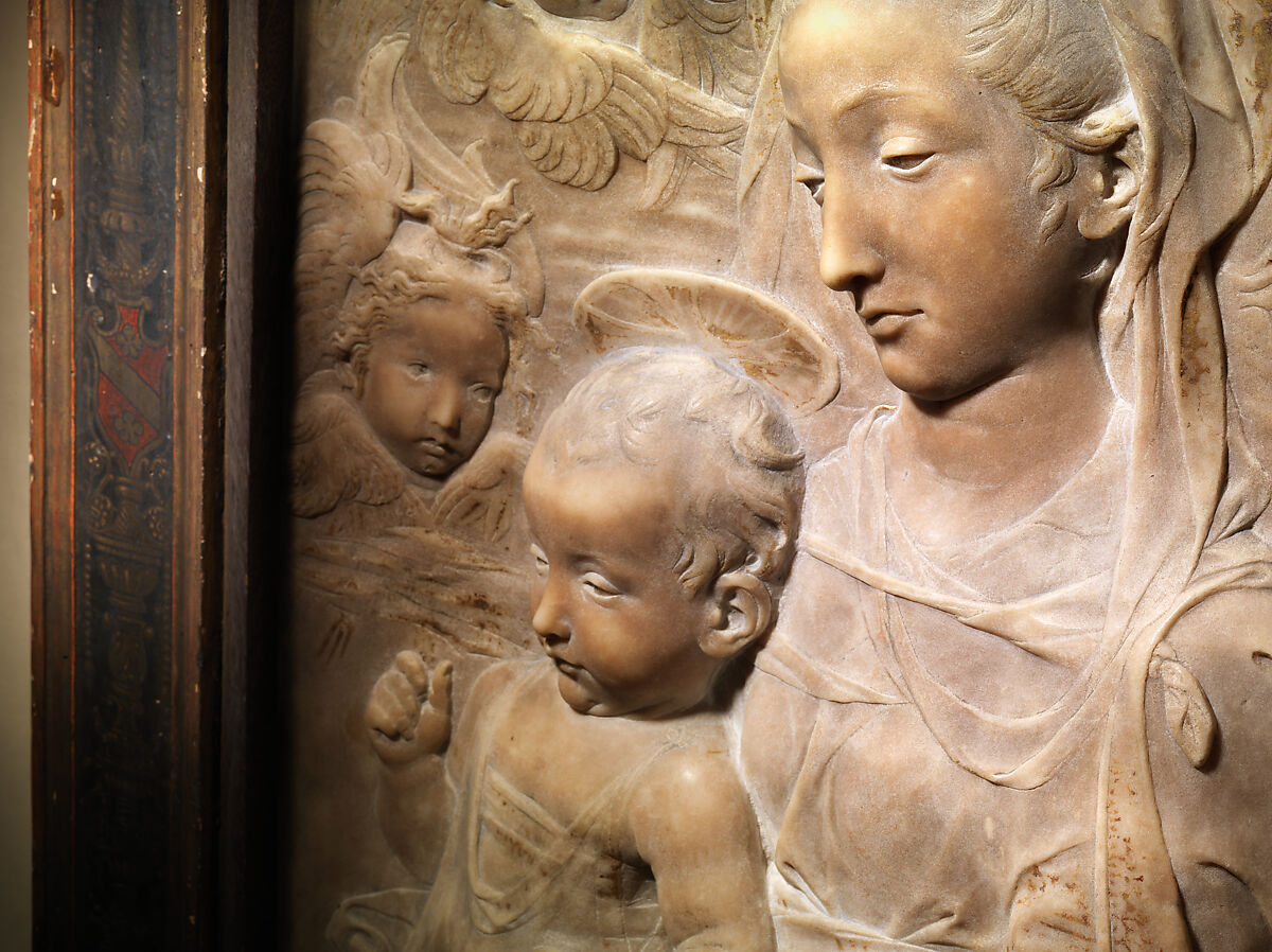 Madonna and Child with Angels, Antonio Rossellino (Italian, Settignano 1427–ca. 1479 Florence), Marble with gilt details on halo and dress, Italian, Florence