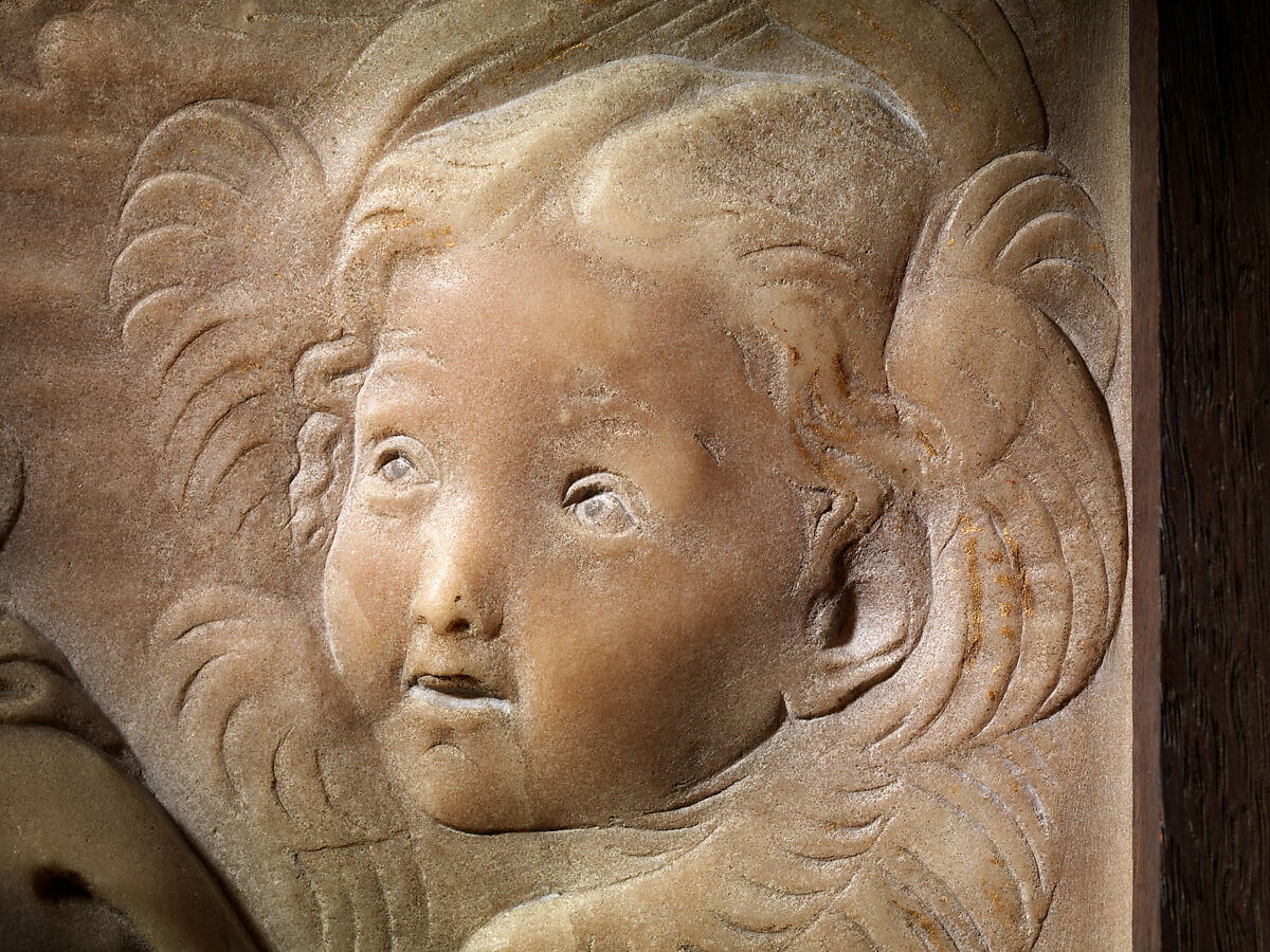 Madonna and Child with Angels, Antonio Rossellino (Italian, Settignano 1427–ca. 1479 Florence), Marble with gilt details on halo and dress, Italian, Florence