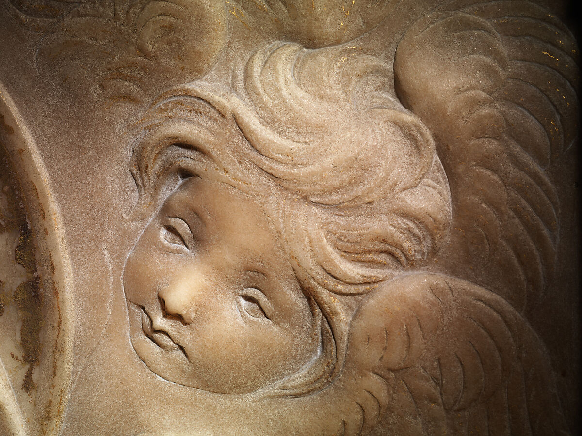 Madonna and Child with Angels, Antonio Rossellino (Italian, Settignano 1427–ca. 1479 Florence), Marble with gilt details on halo and dress, Italian, Florence