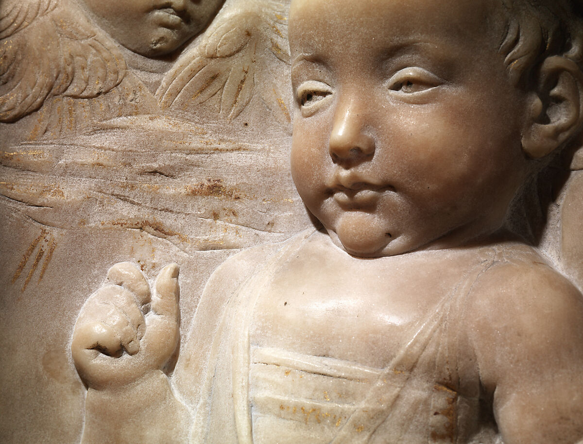 Madonna and Child with Angels, Antonio Rossellino (Italian, Settignano 1427–ca. 1479 Florence), Marble with gilt details on halo and dress, Italian, Florence