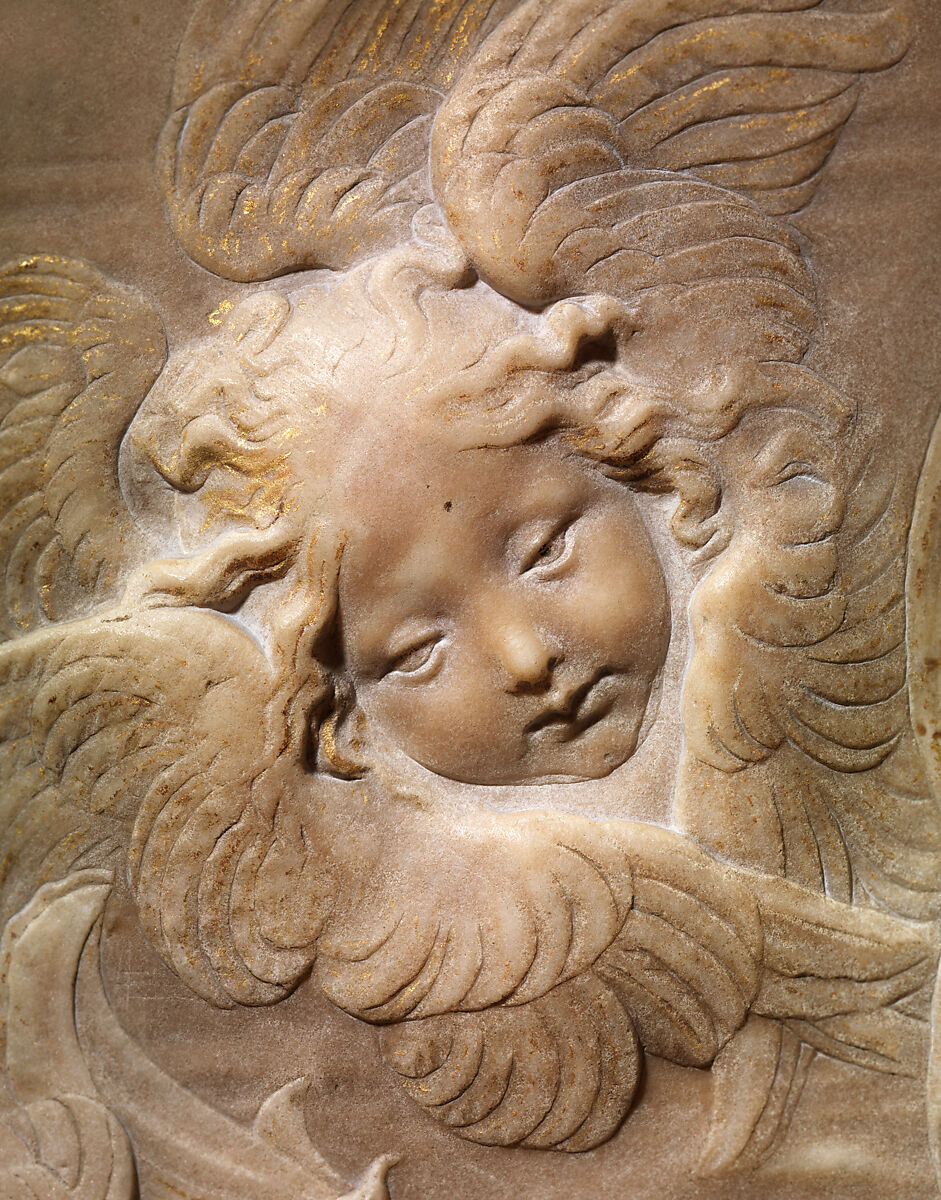 Madonna and Child with Angels, Antonio Rossellino (Italian, Settignano 1427–ca. 1479 Florence), Marble with gilt details on halo and dress, Italian, Florence