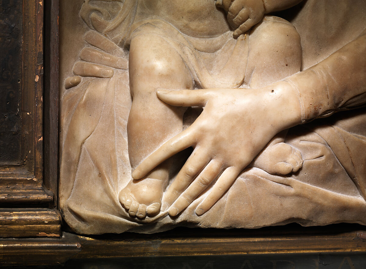 Madonna and Child with Angels, Antonio Rossellino (Italian, Settignano 1427–ca. 1479 Florence), Marble with gilt details on halo and dress, Italian, Florence