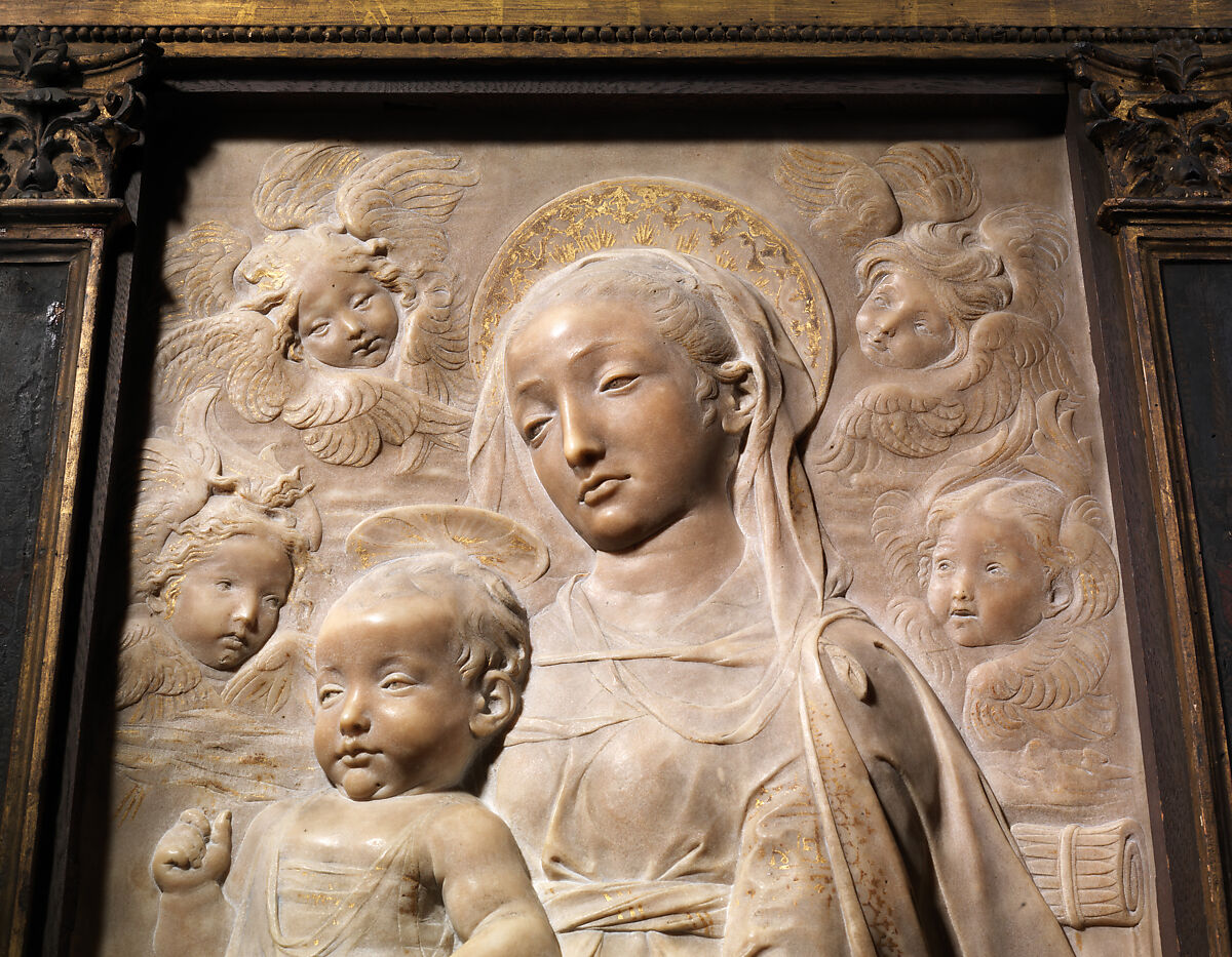 Madonna and Child with Angels, Antonio Rossellino (Italian, Settignano 1427–ca. 1479 Florence), Marble with gilt details on halo and dress, Italian, Florence